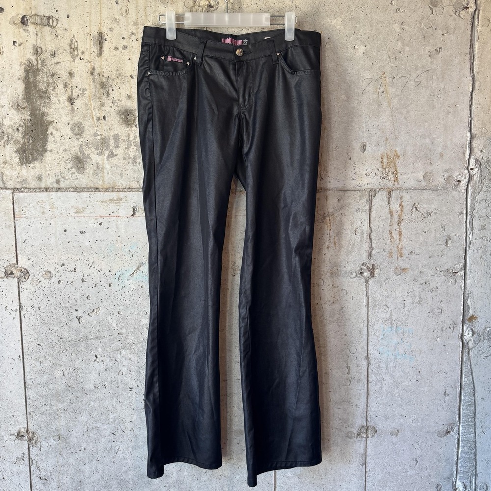 Bubblegum Pants Juniors 9/10 Black Satin Flare Stretch Star‎ Stud Pants USA Y2K